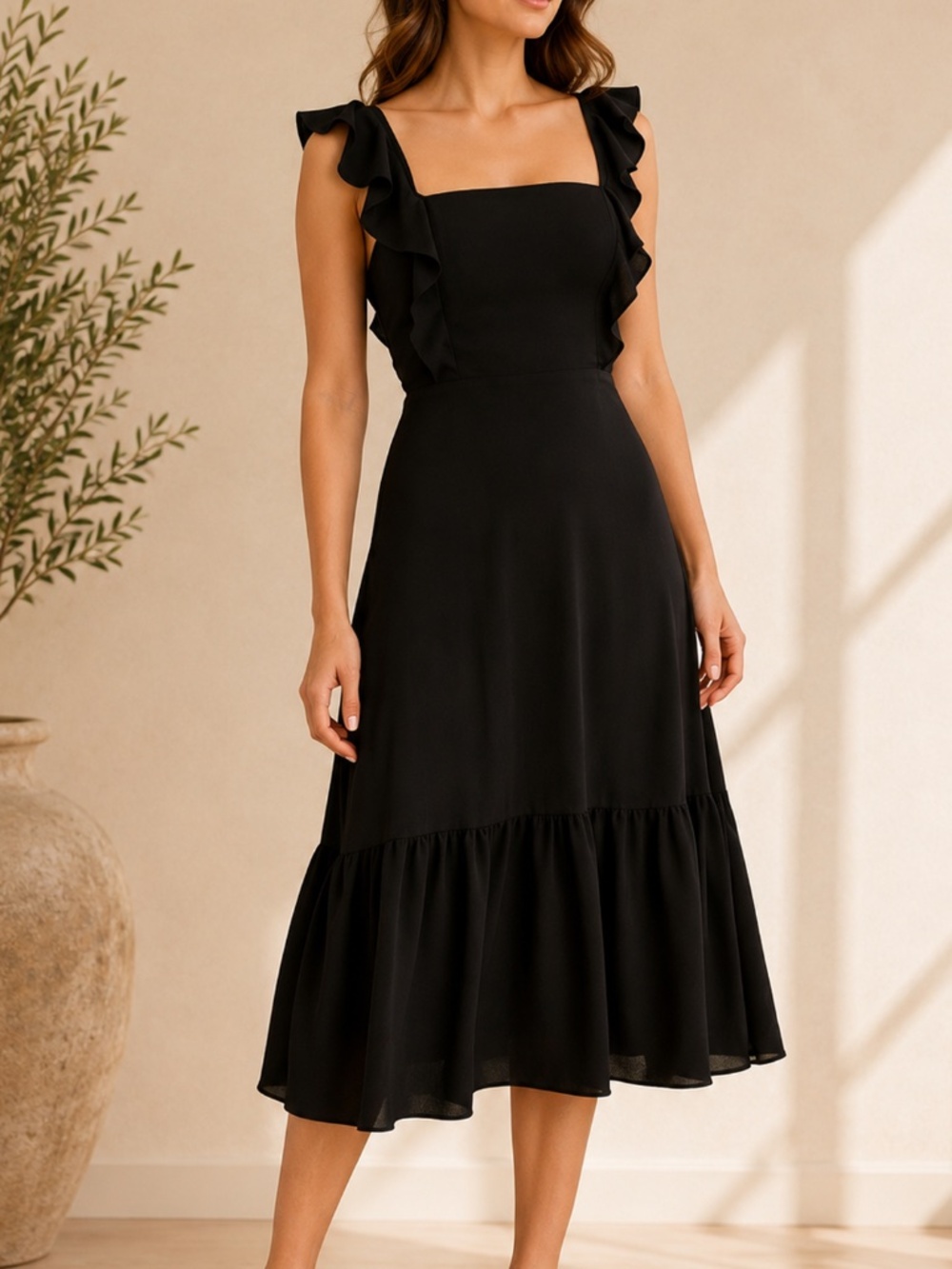 BCBG Paris Black Ruffle Midi Dress Square Neck Tiered Hem Cocktail Size 4
